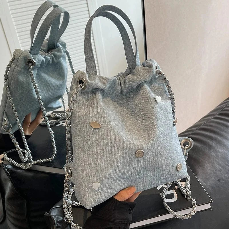 light blue 2024 New Trendy Handbag Backpack Women Fashion Handbag Denim Casual Jean Tote Bag Shopping