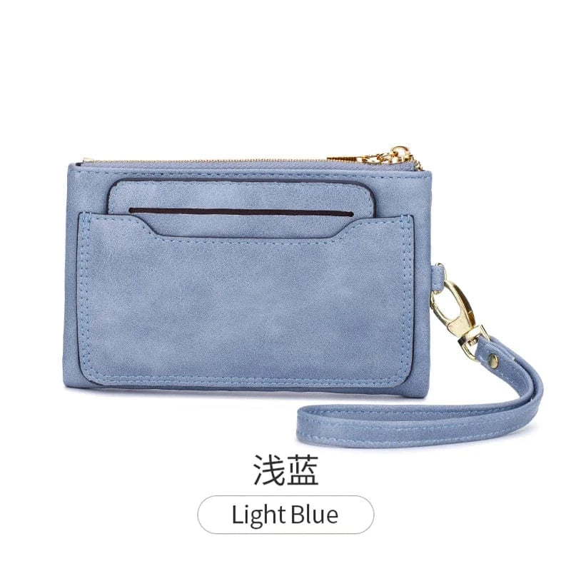 Light Blue 2024 New Women's Wallet Medium Retro Style Zipper Folding Multi Card Large Capacity Handbag Wallet Clip Wrist Strap