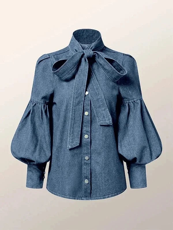 Light blue / S Beautyblue Elegant Women's Imitation Denim Blouse Tops Spring 2025 New Fashion Puff Sleeves Bow-Embellished Female Shirts S-3XL