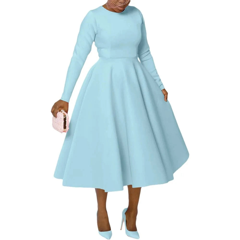 Light Blue / S Elegant Church Dresses for Woman 2025 Fall Long Sleeve O Neck High Waisted A-Line Midi Calf Party Cocktail Dress with Pockets