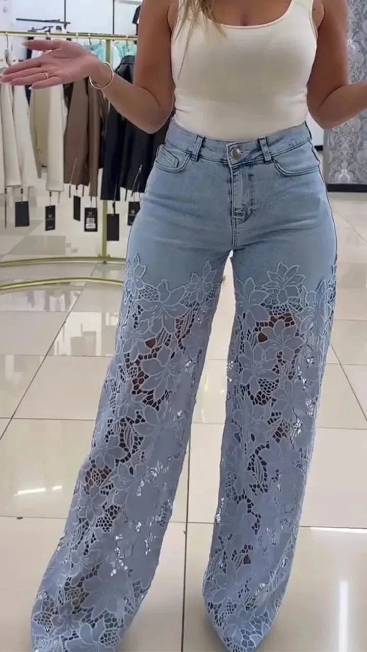 Light  Blue / S Women's Spring Summer Fashion Hollow Out Lace Splicing Denim Drape Pants Full Length Trousers
