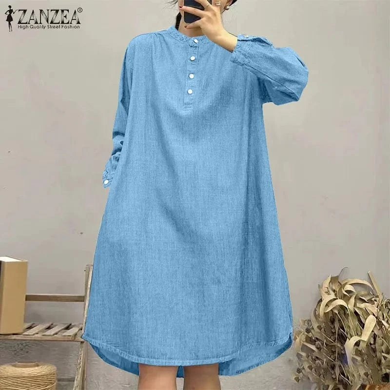 Light  Blue / S ZANZEA Women Shirt Dress Fashion Stand Collar Buttons Robes Casual Loose Long Sleeve Mini Dress Autumn Vintage Pocket Vestidos