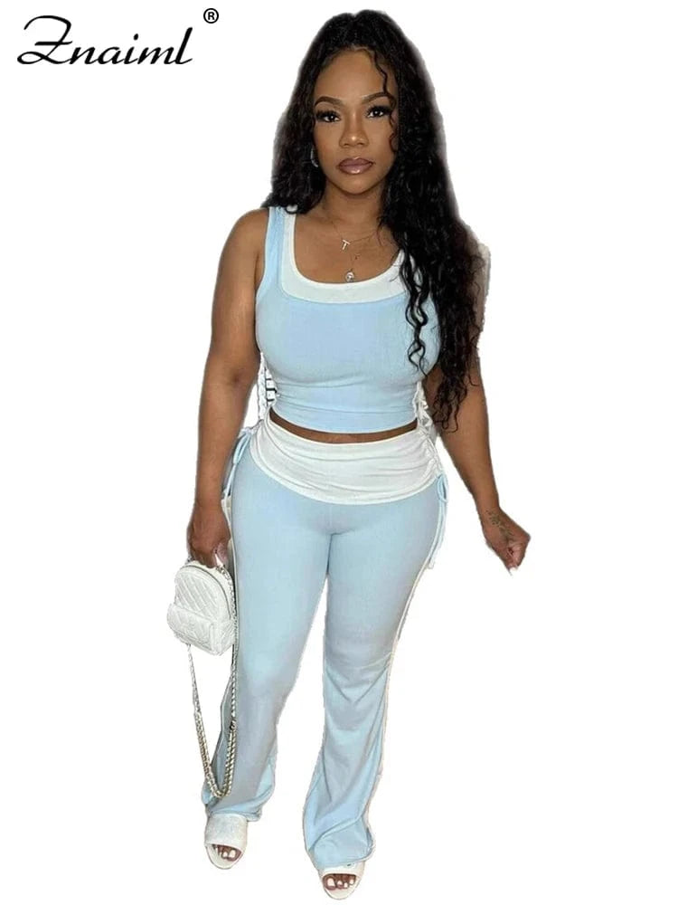light blue sets / XL Znaiml Casual Sleeveless Tank Tops and Flare Pants Tracksuit Jogger 2025 New Fashion Sport 2 Pieces Set Woman Summer Outfits