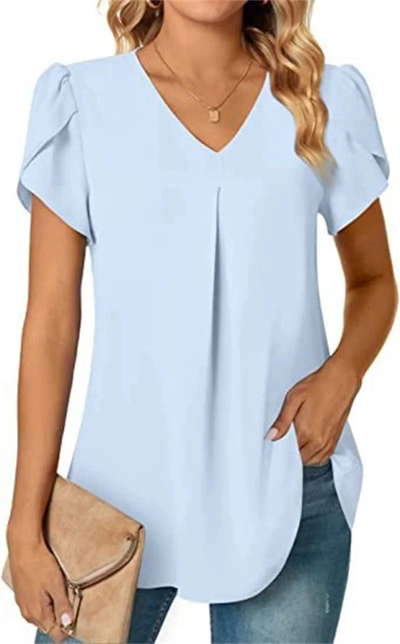 Light Blue / XL Sexy V Neck Ruffle Short Sleeve Blouse Shirts Summer Women V Neck Solid Color Loose OL Workout Blouse Tops
