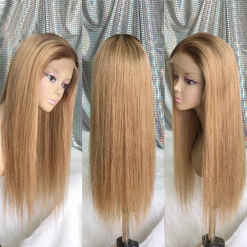 light brown / 8 Inches Wholesale ombre color T1b/27 honey blonde straight Indian human remy hair bleached knots lace frontal wig with bay hair