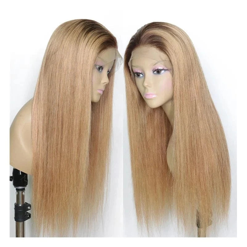 light brown / 8 Inches Wholesale ombre color T1b/27 honey blonde straight Indian human remy hair bleached knots lace frontal wig with bay hair