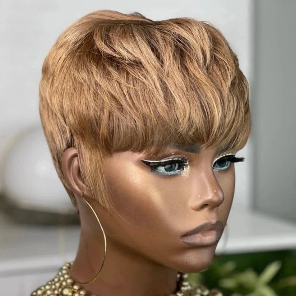Light Brown / CHINA / 6inches Chocolate Brown Short Pixie Cut Wig Human Hair For Black Women Machine Made Wigs With Bangs Brown Pixi Short Human Hair Wigs