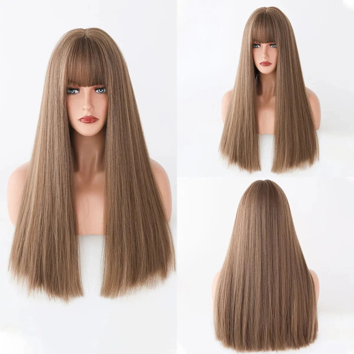 light brown Highlights Pink Wig with Bangs Long Straight Wigs for Women,Heat Resistant Light Pink Synthetic Wigs Black Pink Hair
