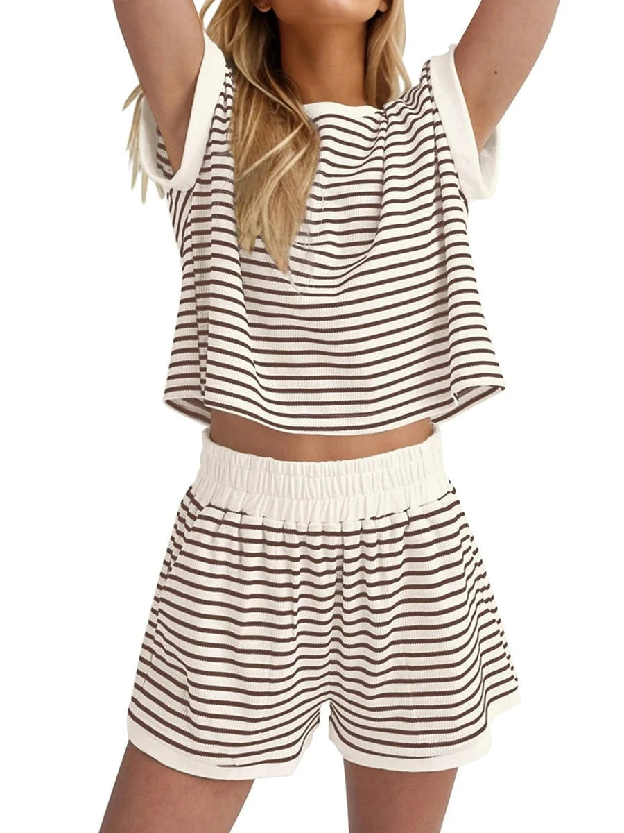 Light Brown / L Women’s Casual 2 Piece Outfits Summer Short Sleeve Stripes Print Tops + Elastic Waist Shorts Set Loungewear for Sports Work Out