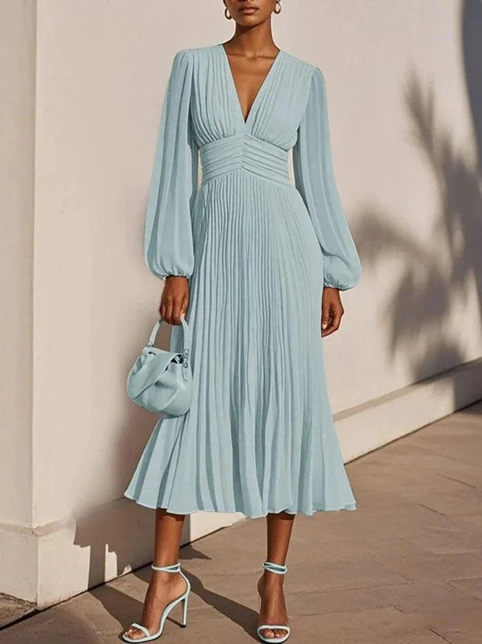 Light green / L Luxury Dinner Evening Long Dress 2025 Spring Women Club Party Dress Pleated Elegant Dress Female Solid V Neck Clothing