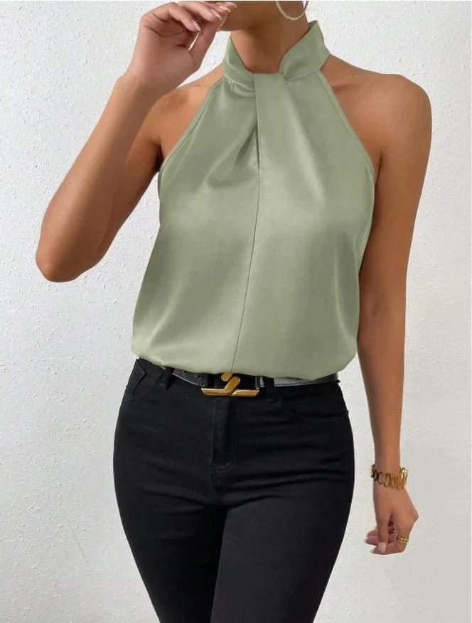 Light green / M Women's Tops 2025 Summer New European and American Clothes Satin Halter Sleeveless Vest Sexy Commuting Satin Simulated Silk Top