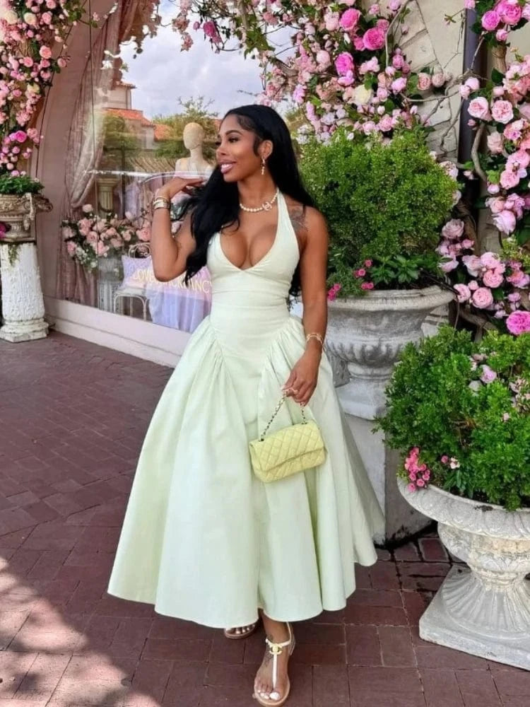 Light Green / XL CM.YAYA Women Halter V-neck Backless Sleeveless Big Swing Bodycon Mid Maxi Long Dress 2025 Vacation Sexy Party Evening Dresses