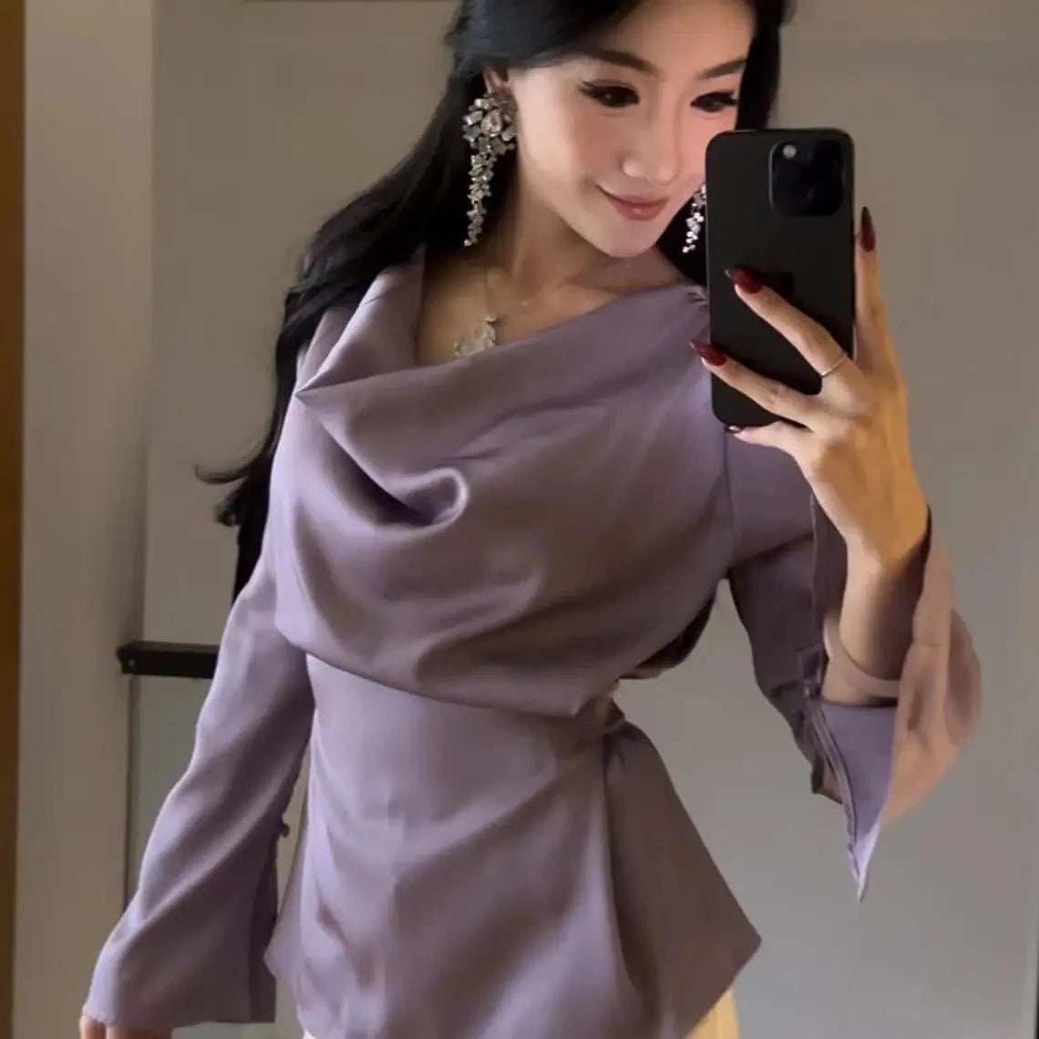 Light Purple / M Silk Satin Basic Blouse Women Luxury Elegant Flare Long Sleeve Shirt Lady Bandage Tunic Top Korean Office Casual