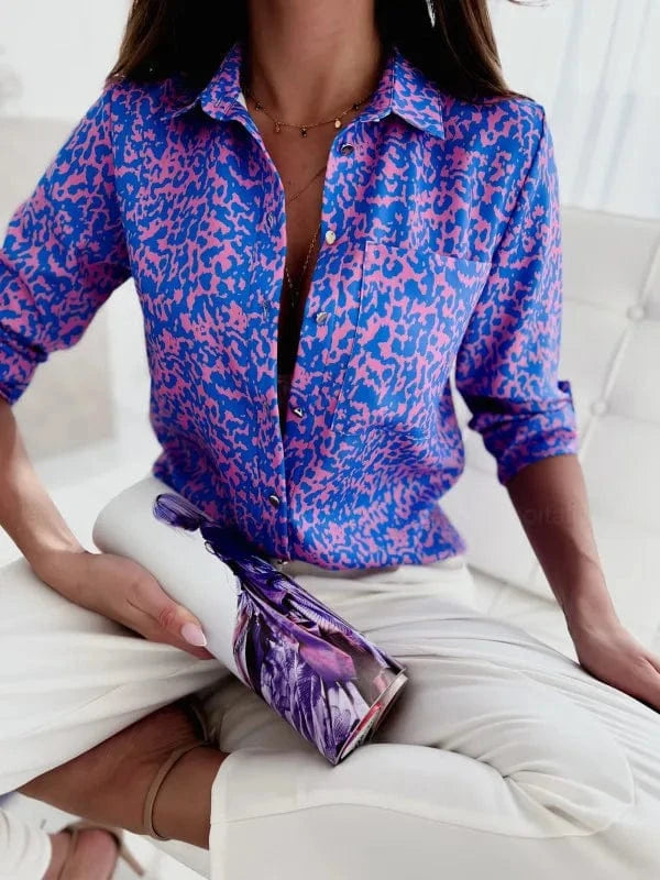 Light Purple / XXL Elegant Women Blouse 2023 Spring and Autumn Temperament Top Long Sleeve Stripe Print Office Slim Fit Pocket Shirt