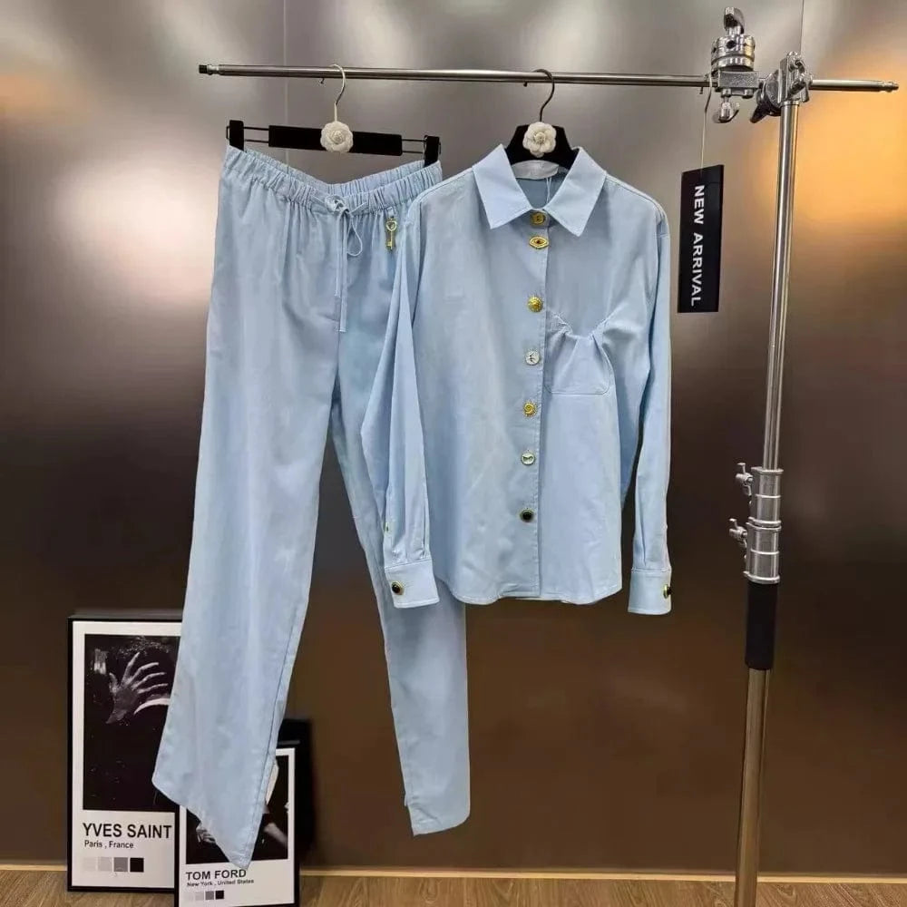 LIGHTBLUE / S VGH Chic Spliced Metal Buckles Two Piece Set for Women Lapel Long Sleeve Top High Waist Patchwork Drawstring Pants Suit Female