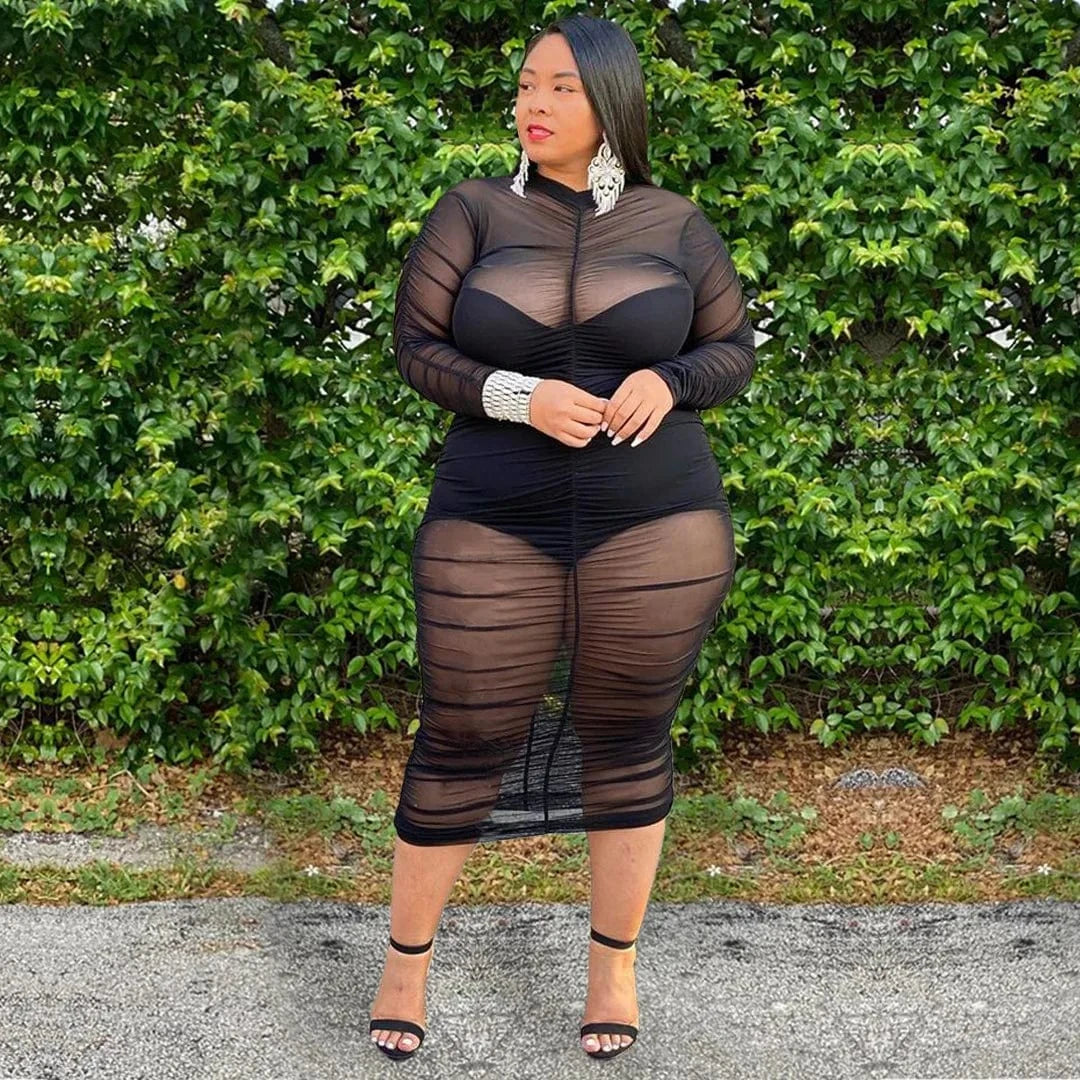 Liu Ming 2024 Women Clothing Plus Size Outfits Pleated Mesh Dress Set