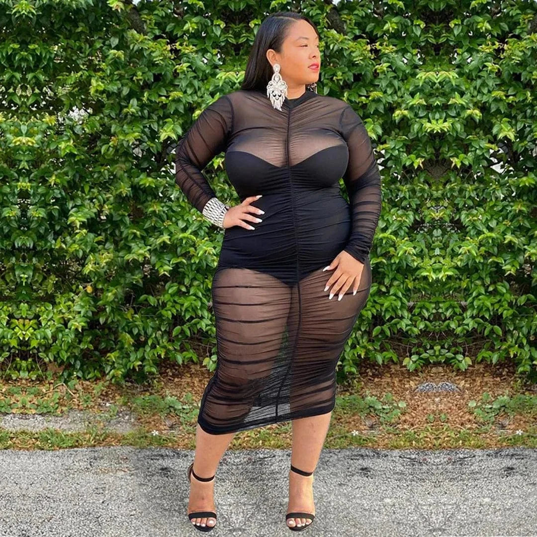 Liu Ming 2024 Women Clothing Plus Size Outfits Pleated Mesh Dress Set