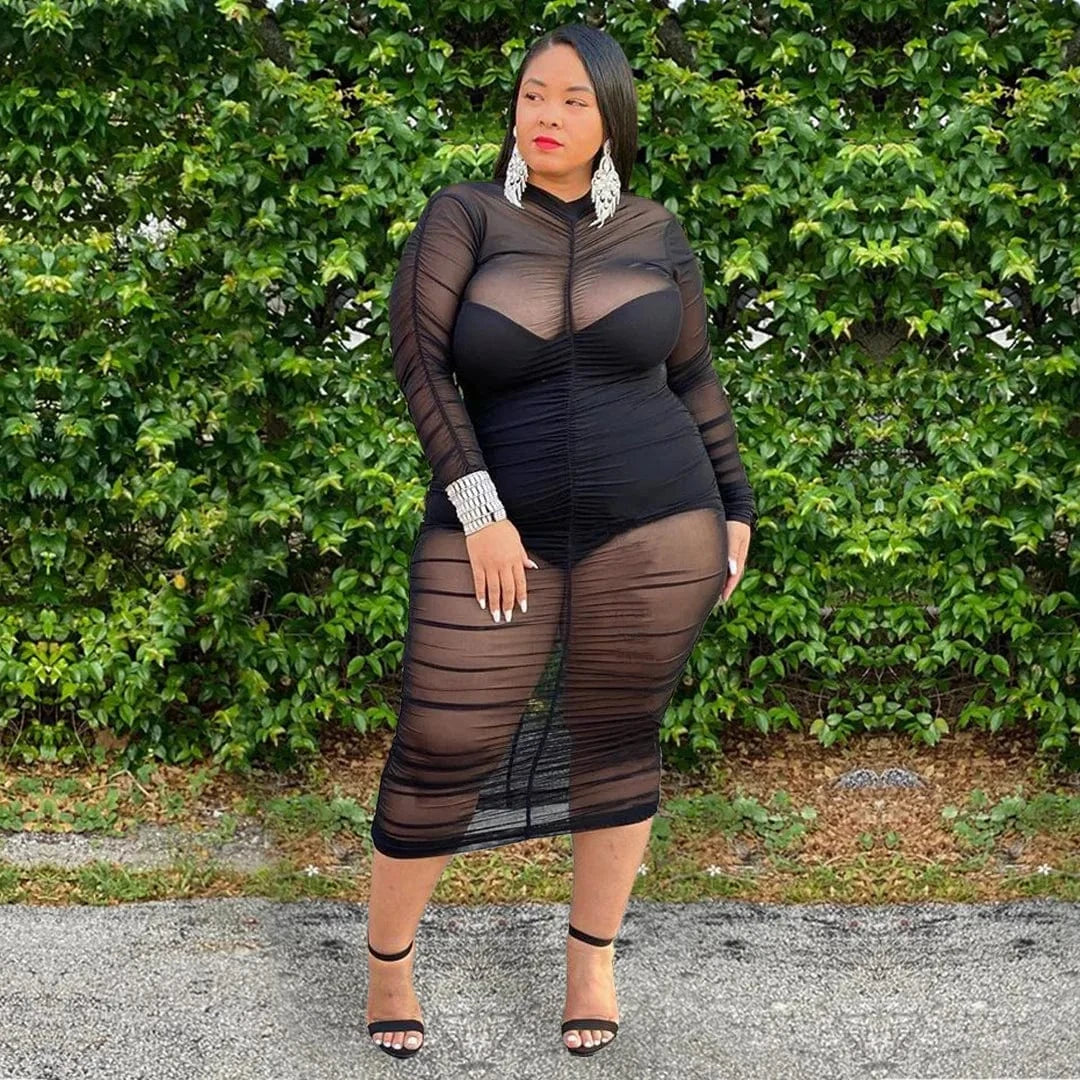 Liu Ming 2024 Women Clothing Plus Size Outfits Pleated Mesh Dress Set