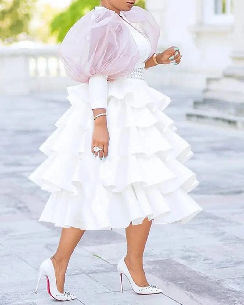 Liu Ming African Elegant New Products 2024 Women Evening Party Gowns High Waist Puff Sleeve White Plus Size Midi Dress