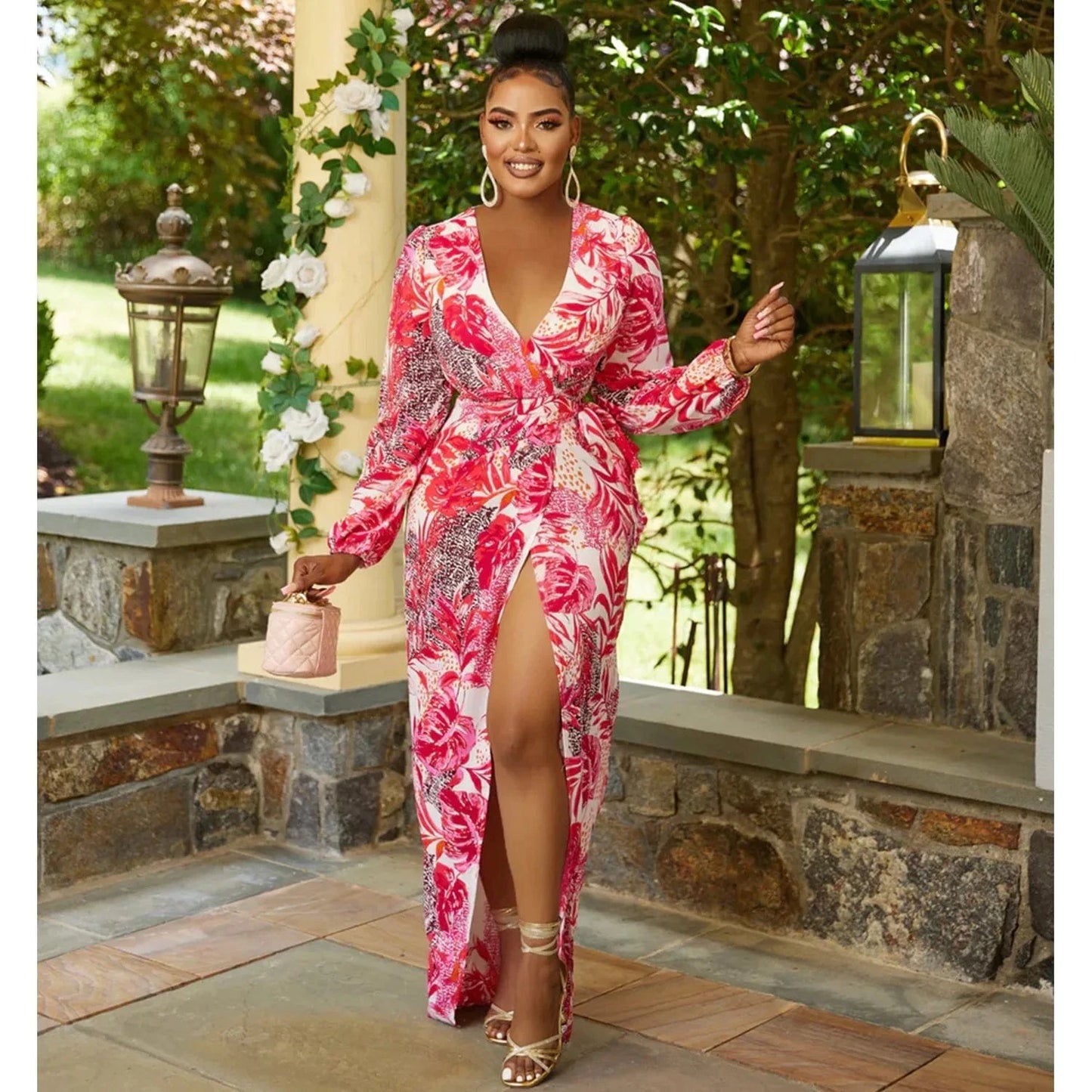 Liu Ming Autumn Winter 2024 New Fashion Women Clothing V Neck Print Long Sleeve Slit Long Maxi Dress