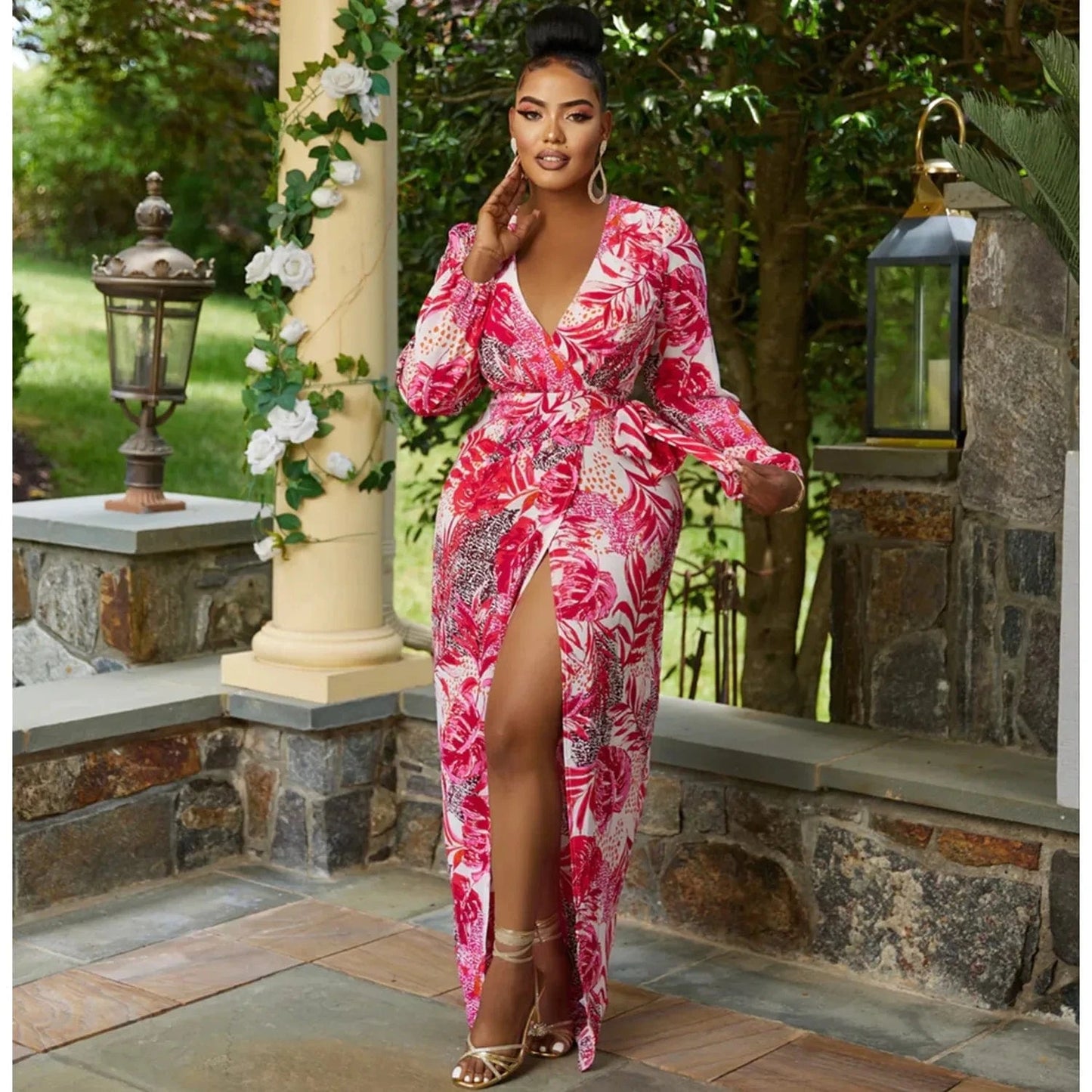 Liu Ming Autumn Winter 2024 New Fashion Women Clothing V Neck Print Long Sleeve Slit Long Maxi Dress