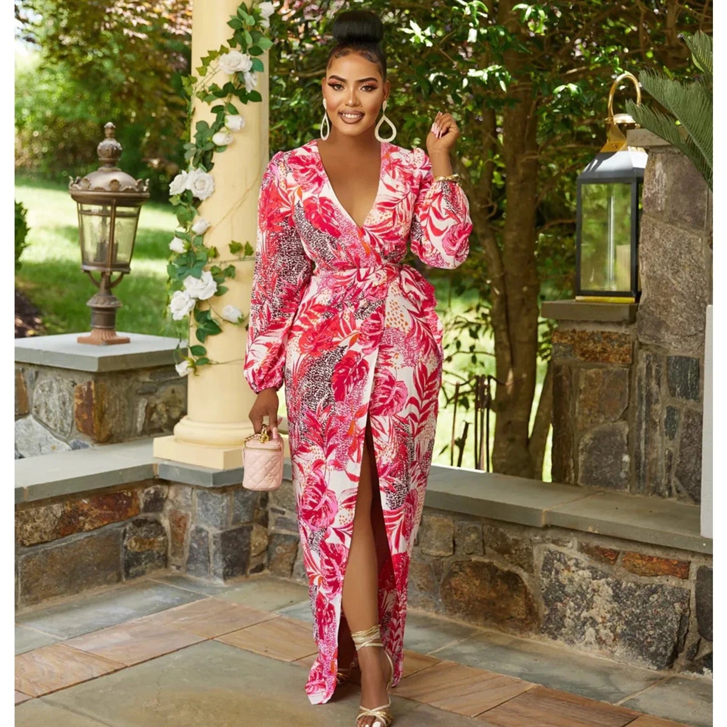 Liu Ming Autumn Winter 2024 New Fashion Women Clothing V Neck Print Long Sleeve Slit Long Maxi Dress