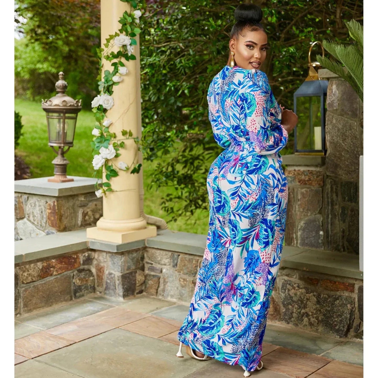 Liu Ming Autumn Winter 2024 New Fashion Women Clothing V Neck Print Long Sleeve Slit Long Maxi Dress