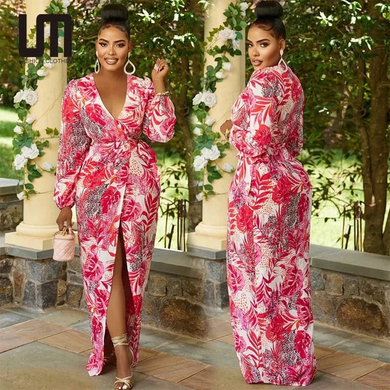 Liu Ming Autumn Winter 2024 New Fashion Women Clothing V Neck Print Long Sleeve Slit Long Maxi Dress