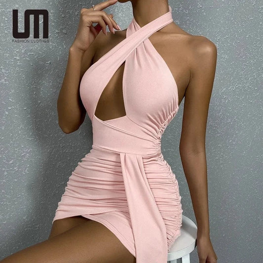 Liu Ming Clearance Sales 2024 Summer Women Sexy Hollow Out Backless Party Club Halter Ruched Bodycon XS Mini Wrap Dress