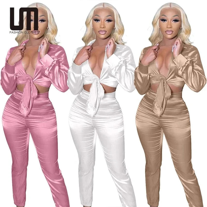 Liu Ming Custom Winter Fashion Women Casual Long Sleeve Tops Straight Slim Fit Pants Set