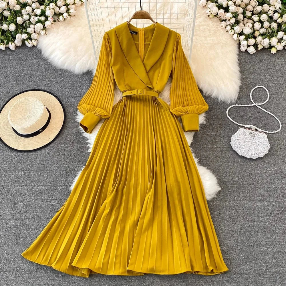 Liu Ming Elegant Elegant 2024 Streetwear Women Y2K Retro Sexy Casual Zipper Solid V Neck High Waist Pleated A Line Dress