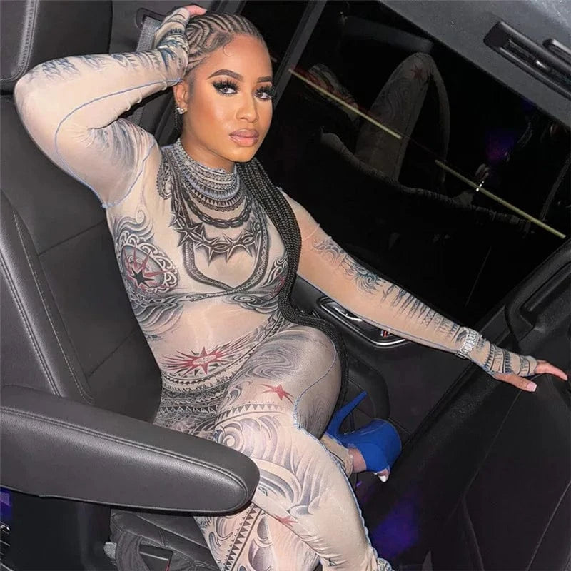 Liu Ming Fall Streetwear Women Casual New Print One Piece Outfits Long Sleeve Bodycon Jumpsuit