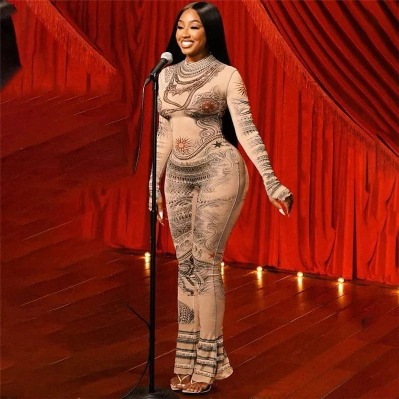 Liu Ming Fall Streetwear Women Casual New Print One Piece Outfits Long Sleeve Bodycon Jumpsuit