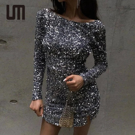 Liu Ming Fashion Elegant 2024 Women Sexy Backless Sequins Long Sleeves Round Neck Wrap Hips Evening Party Bodycon Mini Dress