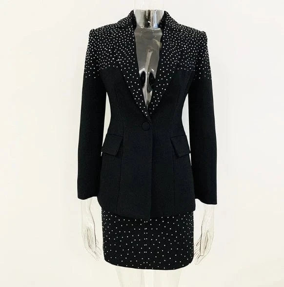 Liu Ming High End Fashion 2024 New Products Women Casual Rhinestone Full Sleeve Single Button Ladies Blazer Coat And Skirt Suit
