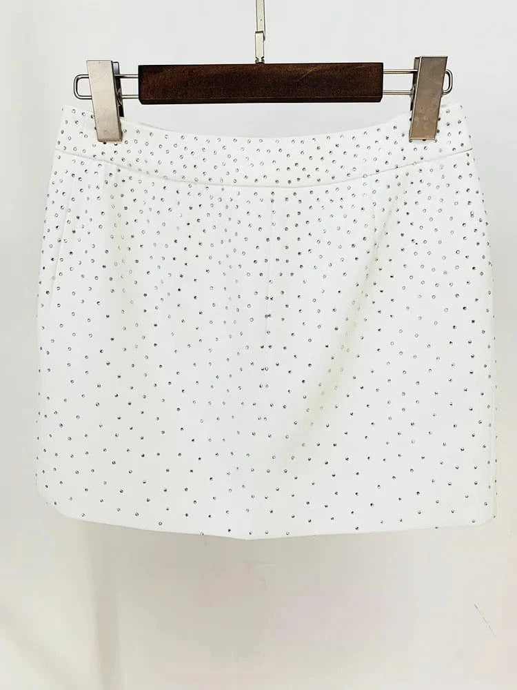 Liu Ming High End Fashion 2024 New Products Women Casual Rhinestone Full Sleeve Single Button Ladies Blazer Coat And Skirt Suit