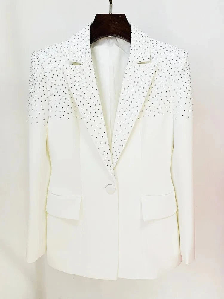 Liu Ming High End Fashion 2024 New Products Women Casual Rhinestone Full Sleeve Single Button Ladies Blazer Coat And Skirt Suit
