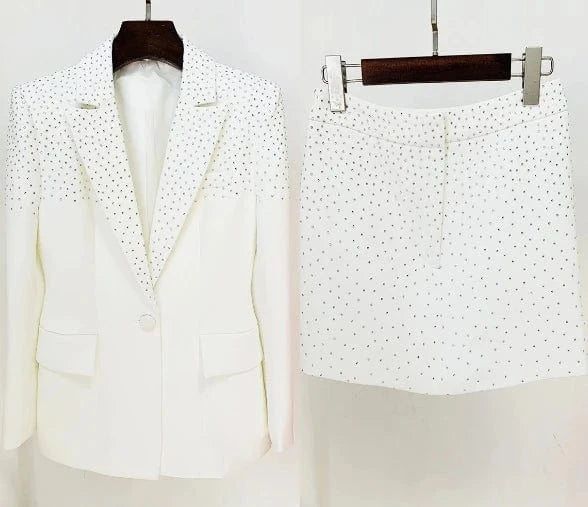 Liu Ming High End Fashion 2024 New Products Women Casual Rhinestone Full Sleeve Single Button Ladies Blazer Coat And Skirt Suit