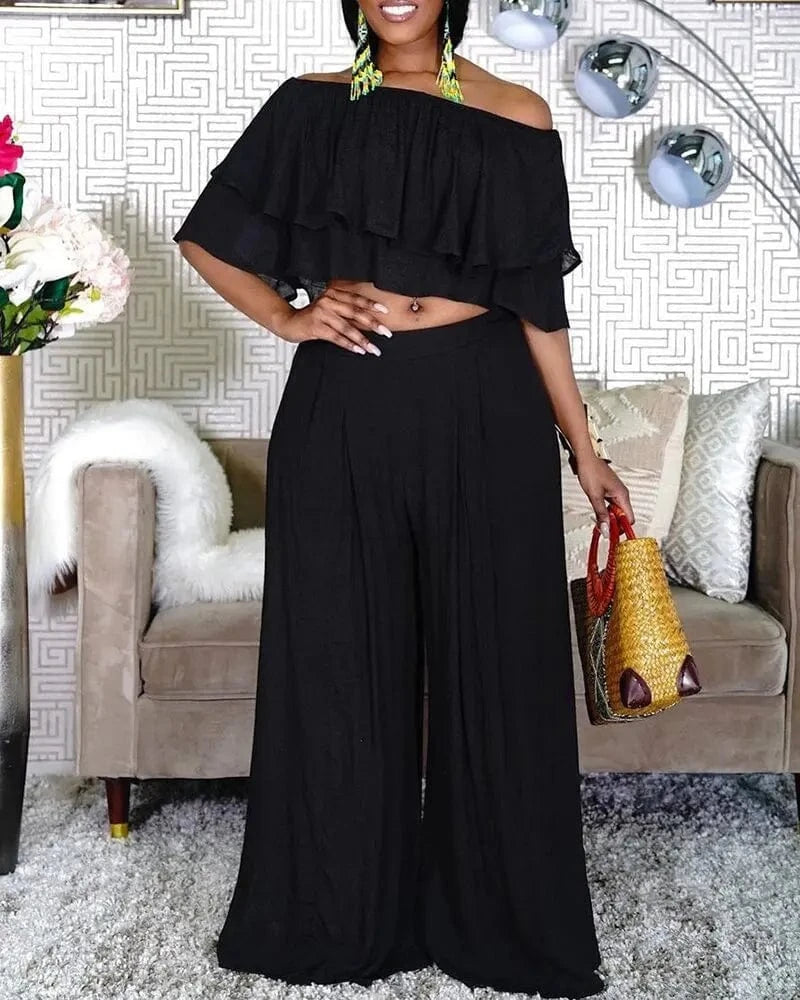 Liu Ming Hot Selling Custom 2024 Summer Women Ruffle Off Shoulder Tops Plus Size Wide Leg Loose Trousers Pants Set