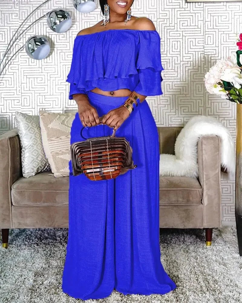 Liu Ming Hot Selling Custom 2024 Summer Women Ruffle Off Shoulder Tops Plus Size Wide Leg Loose Trousers Pants Set