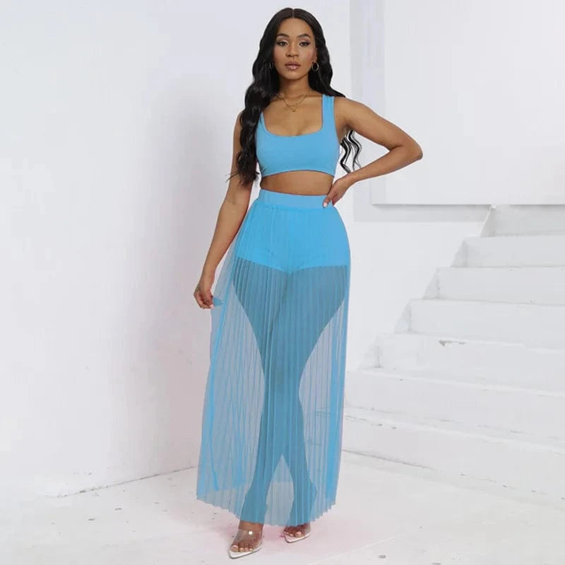 Liu Ming March Expo 2024 Women Summer Beach Sheer Mesh Tank Tops And Shorts Sexy Skirts 3 Piece Set