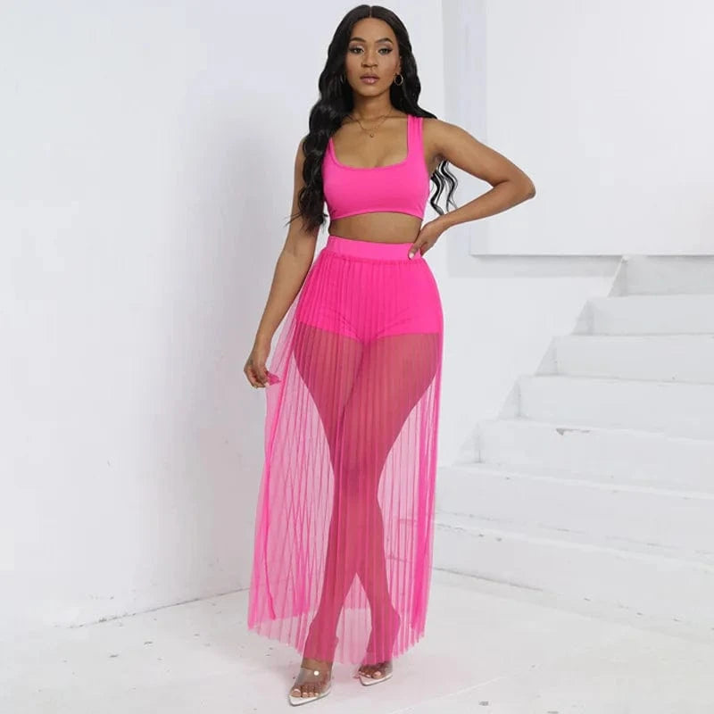 Liu Ming March Expo 2024 Women Summer Beach Sheer Mesh Tank Tops And Shorts Sexy Skirts 3 Piece Set