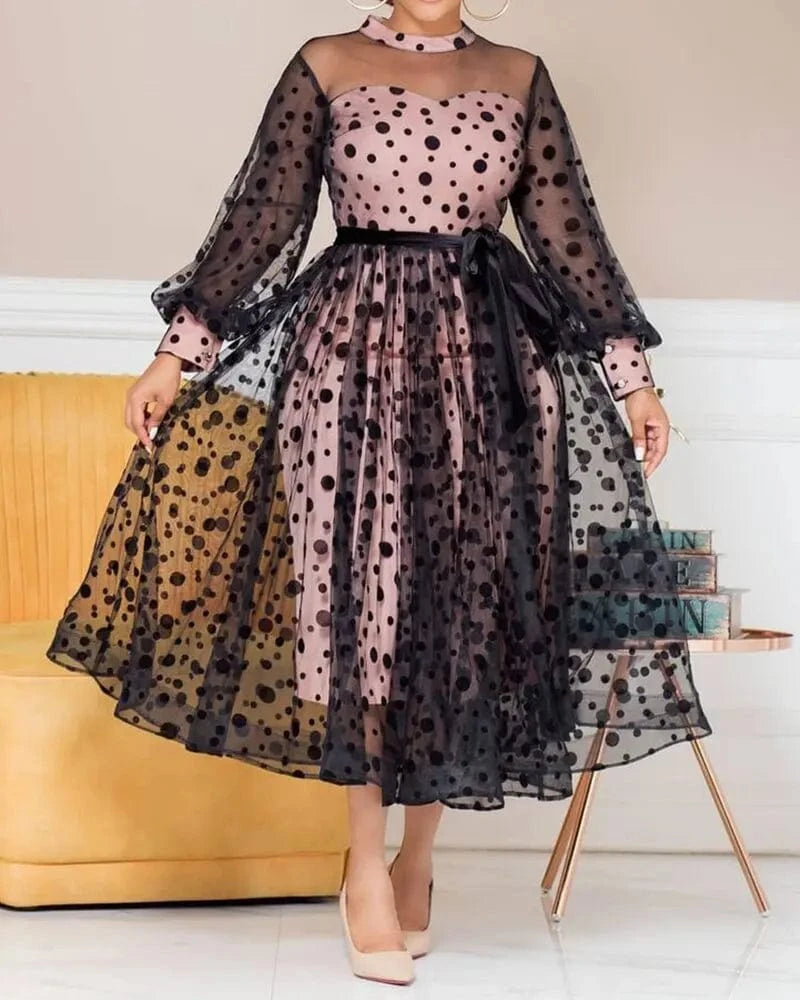Liu Ming New 2024 Products Autumn Women Sexy Mesh See Through Plus Size A Line Dress