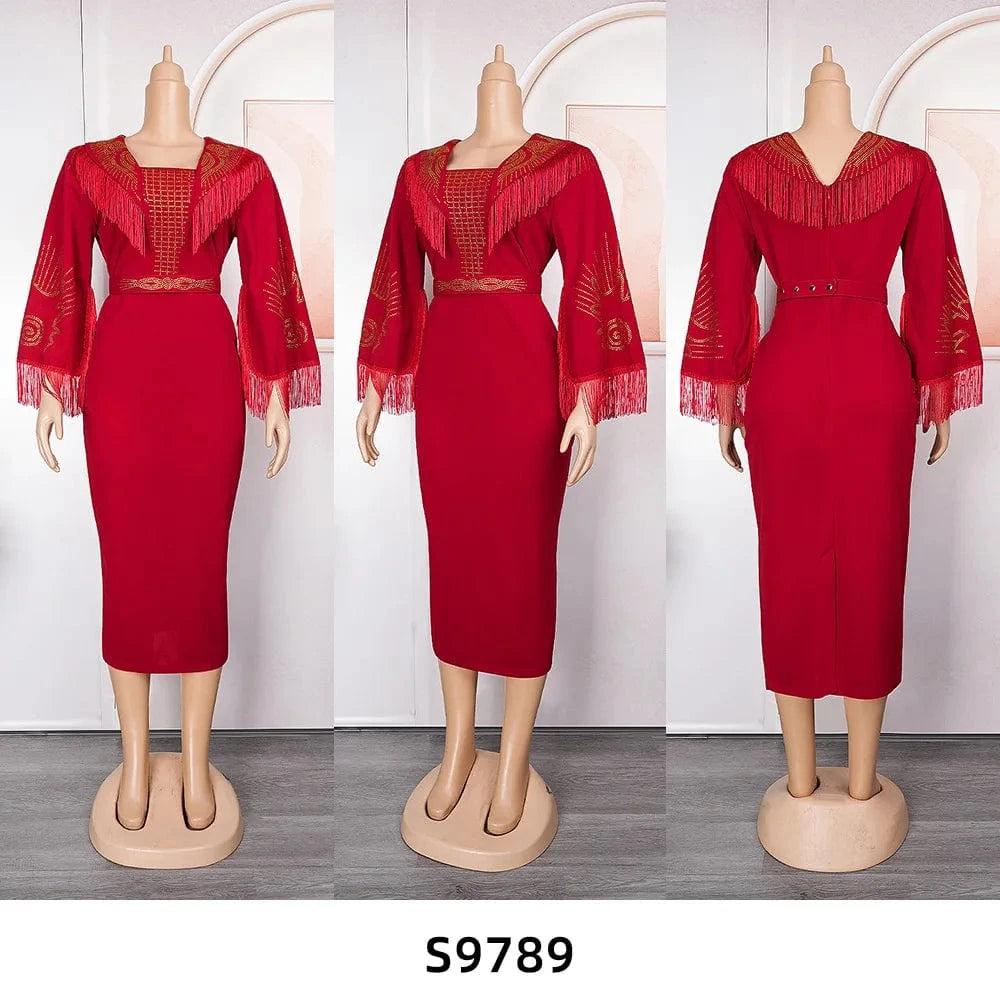 Liu Ming New Arrivals 2024 Elegant African Square Neck Full Sleeve Tassel Belt Waisted Luxury Birthday Party Dresses For Women