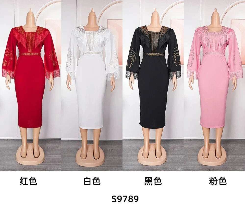 Liu Ming New Arrivals 2024 Elegant African Square Neck Full Sleeve Tassel Belt Waisted Luxury Birthday Party Dresses For Women