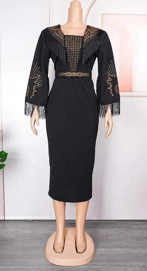 Liu Ming New Arrivals 2024 Elegant African Square Neck Full Sleeve Tassel Belt Waisted Luxury Birthday Party Dresses For Women