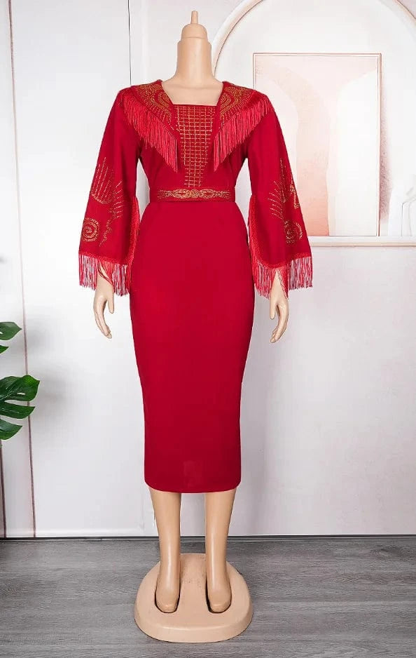 Liu Ming New Arrivals 2024 Elegant African Square Neck Full Sleeve Tassel Belt Waisted Luxury Birthday Party Dresses For Women