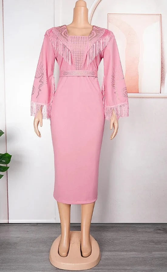 Liu Ming New Arrivals 2024 Elegant African Square Neck Full Sleeve Tassel Belt Waisted Luxury Birthday Party Dresses For Women