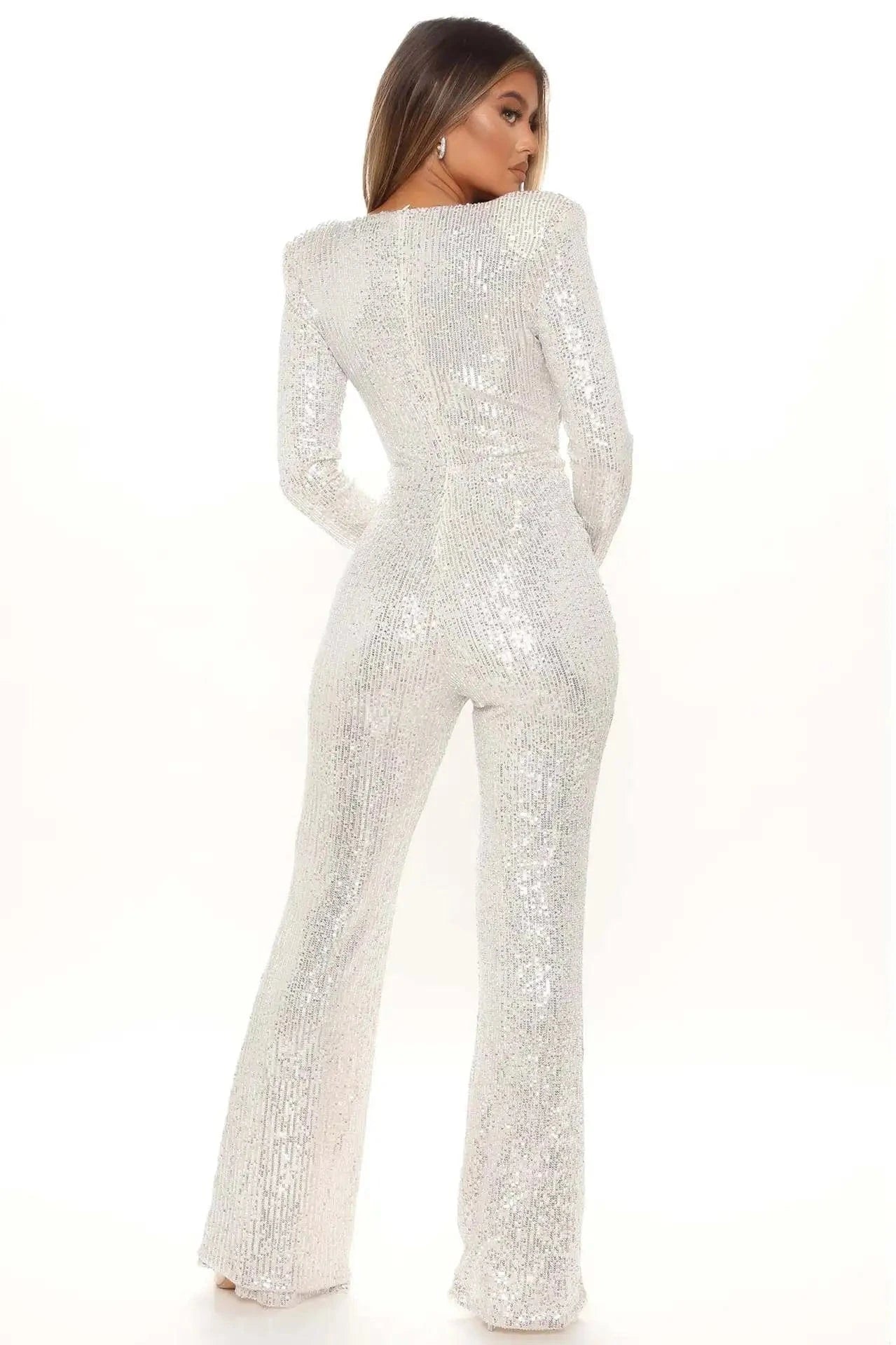 Liu Ming New Arrivals Women Sexy V Neck Tight Nightclub Bodysuit Sequin Jumpsuit