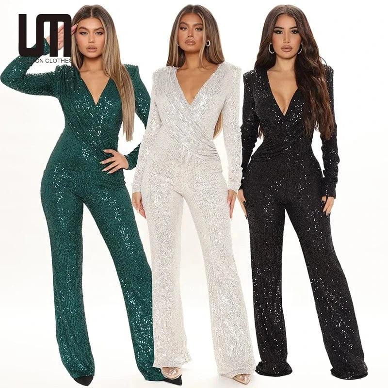 Liu Ming New Arrivals Women Sexy V Neck Tight Nightclub Bodysuit Sequin Jumpsuit